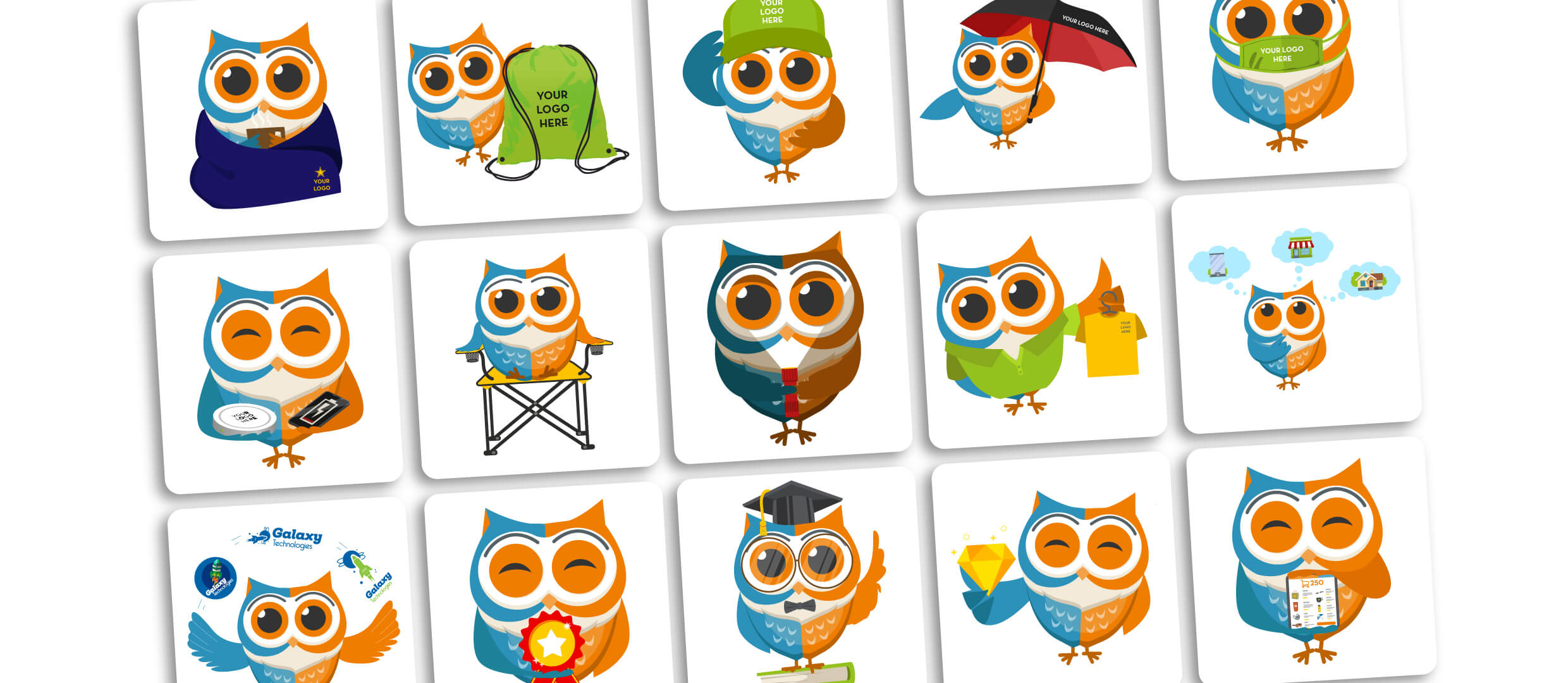 owl mascot with different promo products